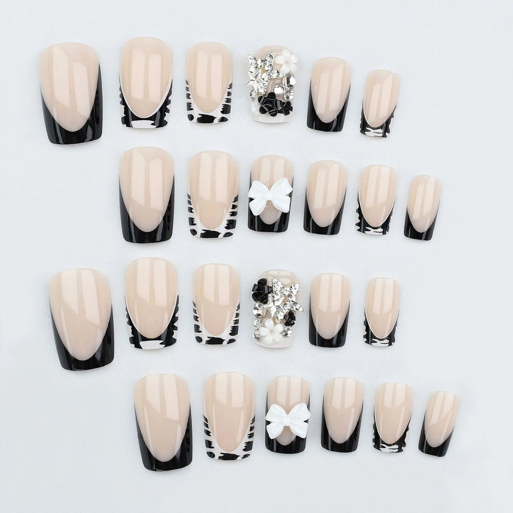 24Pcs Set French Style Black & White Tie Dye Polka Dot Press-On Nails