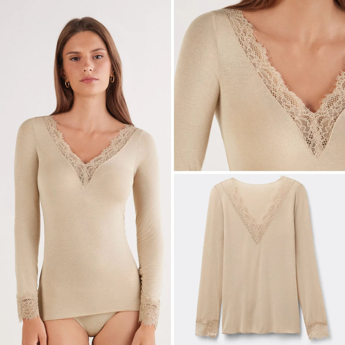 Long Sleeve Lace Trim T-Shirt