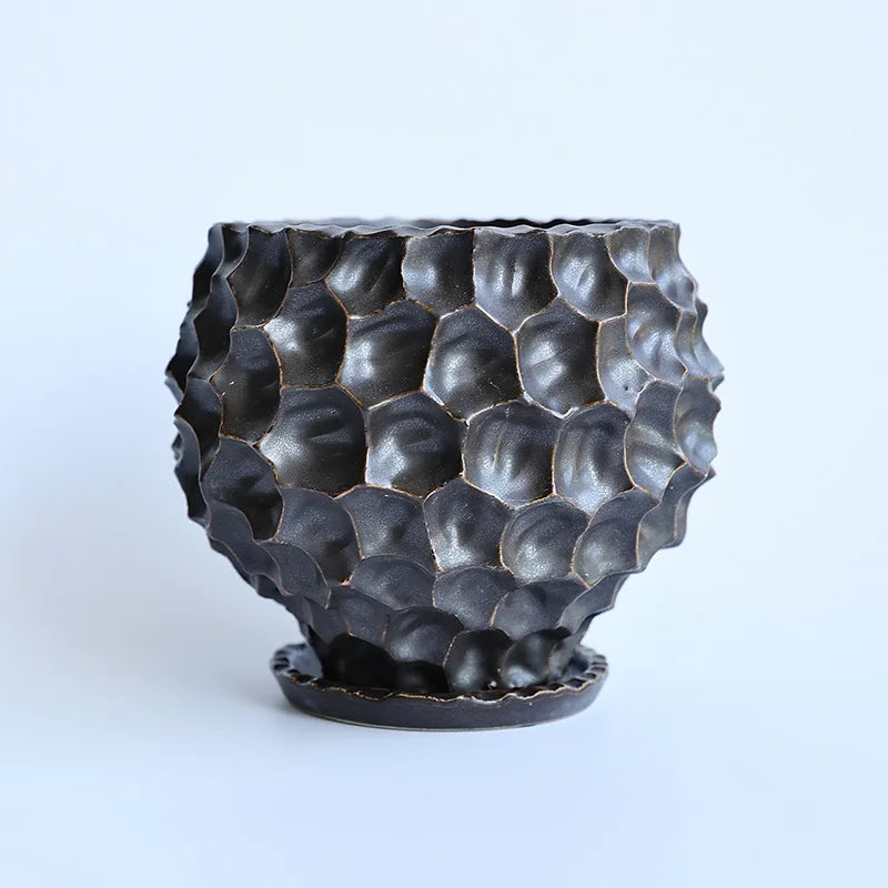 Black Ceramic Flowerpot with Tray