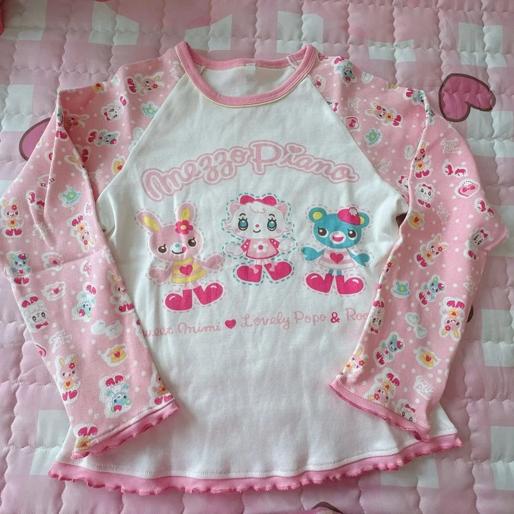 Blusa Estampada Kawaii Sweet Lolita para Mujer Manga con Volantes Encaje Camiseta con Ribete de Lazo Decoración Personaje de Dibujos Animados Estampado Integral Top Lindo