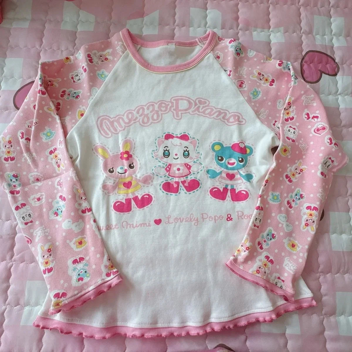 Blusa Estampada Kawaii Sweet Lolita para Mujer Manga con Volantes Encaje Camiseta con Ribete de Lazo Decoración Personaje de Dibujos Animados Estampado Integral Top Lindo