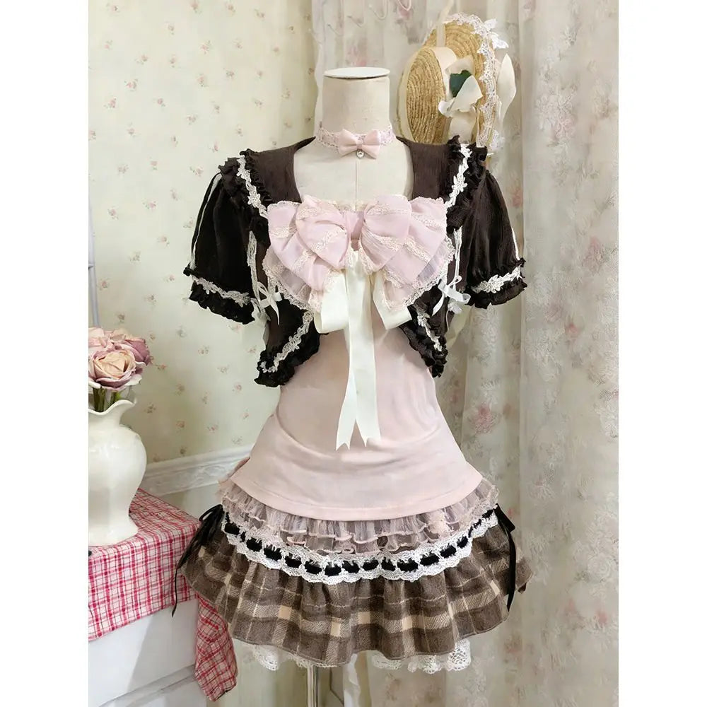 Lace Bow Blouse + Cami Top + Plaid Ruffle Mini Skirt Set