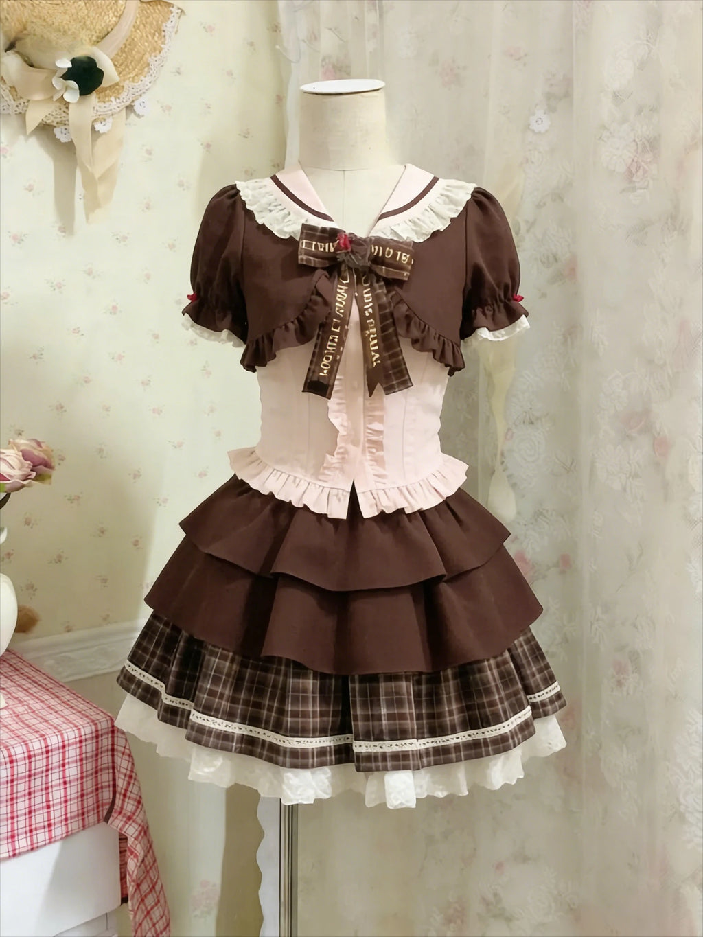 Lace Bow Blouse + Cami Top + Plaid Ruffle Mini Skirt Set