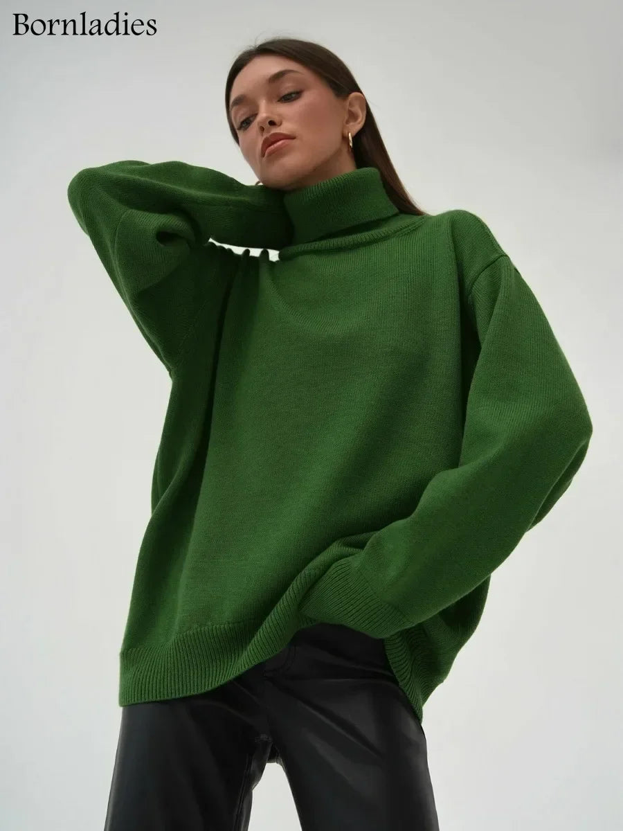 Bornladies Jersey de cuello alto para mujer CHIC Otoño Invierno Jersey grueso y cálido para mujer Jersey de punto holgado informal de gran tamaño para mujer