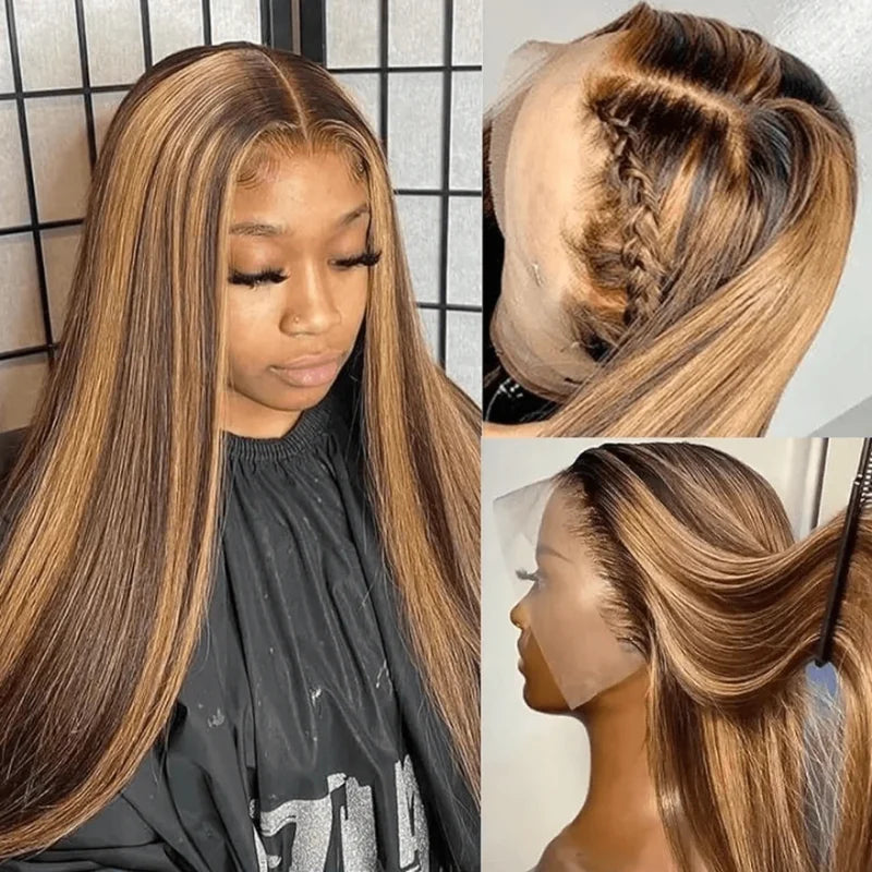 P4 27 34inch Colored Silky Straight Human Hair Wig 250 Density 13x4 Lace Forehead, High-Definition Transparent Full Lace Wig Pre Pulled and Bleached Hair Knots  No Glue Required  Suitable for Black Women