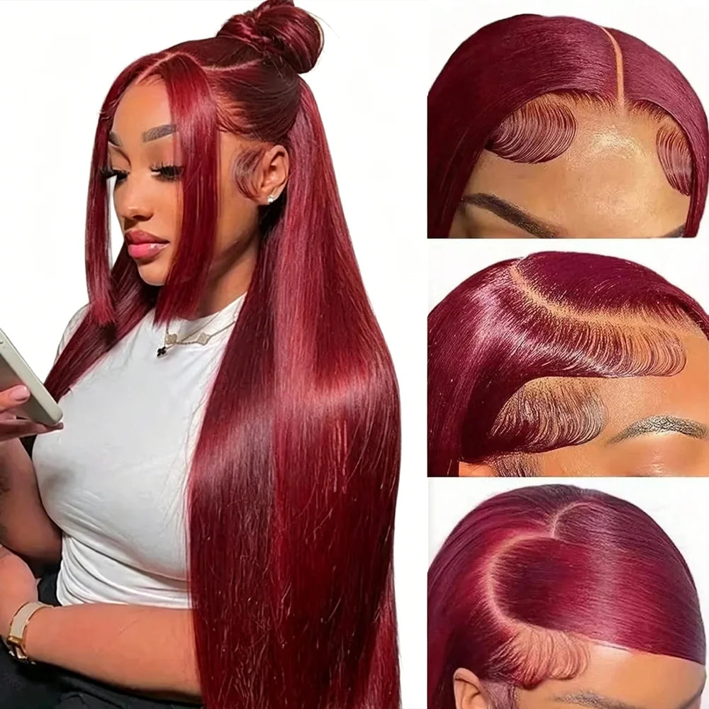 28 Inch 99J Burgundy Bone Straight Human Hair Wig