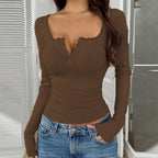 Regular Fit Long Sleeve V Neck Lace Stitching Pullover Top
