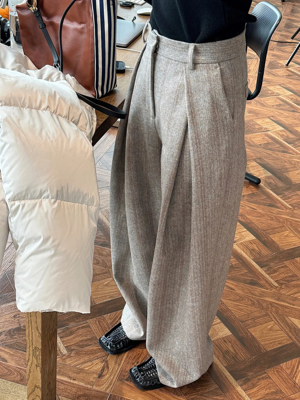 Pantalones de Moda de Mujer de Primavera de 80% Lana, Pierna Ancha, Cintura Alta, Rayas, Rectos, Ropa de Moda, Pantalones Femeninos