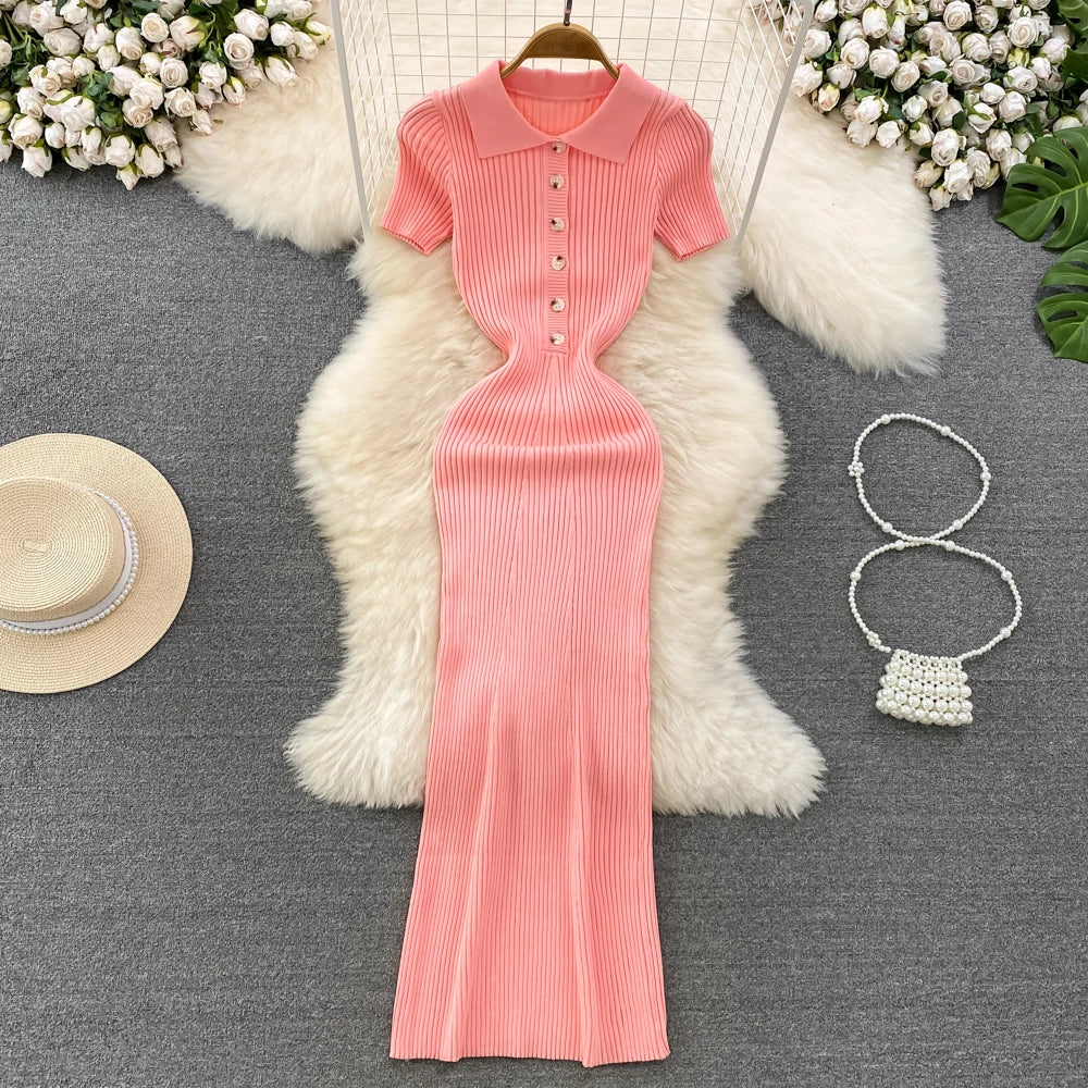 REALEFT Verano 2026 Nuevo Polo de Mujer Vestido Largo Tejido Sólido Elegante Manga Corta Botones Vestido Bodycon Envolvente Femenino