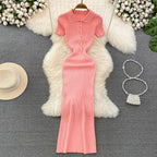REALEFT Verano 2026 Nuevo Polo de Mujer Vestido Largo Tejido Sólido Elegante Manga Corta Botones Vestido Bodycon Envolvente Femenino
