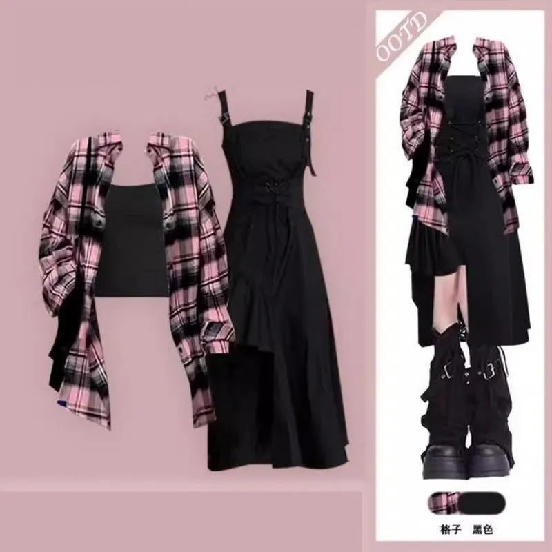 Conjunto de dos piezas de camisa a cuadros y vestido sexy irregular a juego, moda de verano/otoño, elegante cárdigan de estilo coreano con falda a rayas para mujer