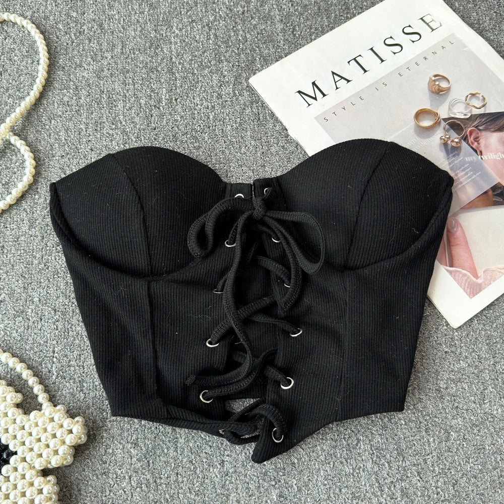 Tops sin espalda para mujer, nueva llegada, cuello tipo slash, sujetador incorporado, ombliguera, con cordones, camisola ajustada, verano, vintage, gallus, dropship