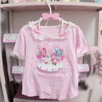 Blusa Estampada Kawaii Sweet Lolita para Mujer Manga con Volantes Encaje Camiseta con Ribete de Lazo Decoración Personaje de Dibujos Animados Estampado Integral Top Lindo