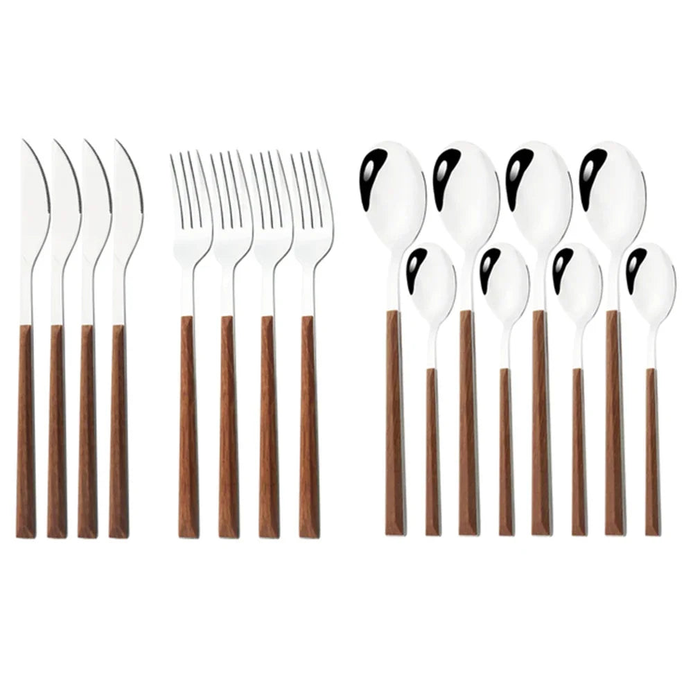 16/24/30Pcs Stainless Steel Imitation Wooden Handle Cutlery Se