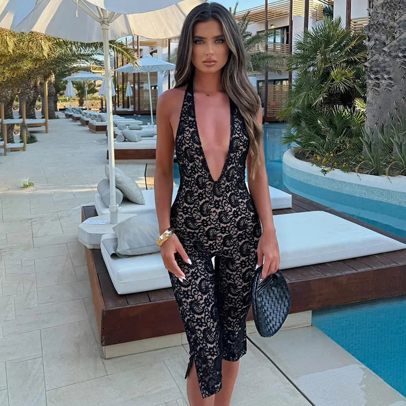 Lace Seven-Point Long Pants Bodycon Romper