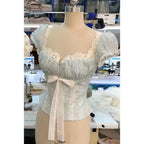 Lace Trim Floral Bow Tie Front Ruched Crop Top