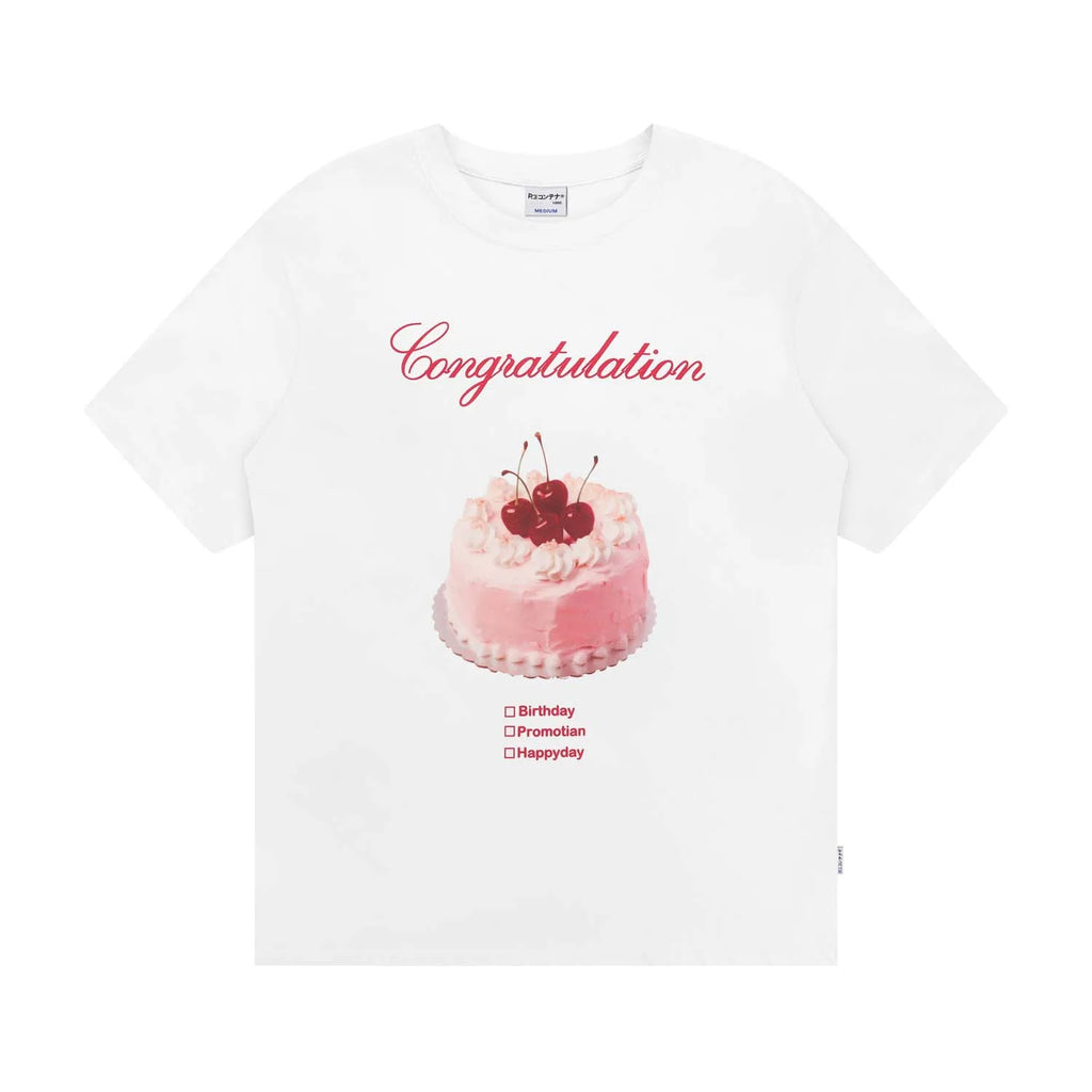 [RE-CON] Camiseta informal de manga corta con estampado de pastel de crema de cereza dulce y linda, versión coreana, 100% algodón