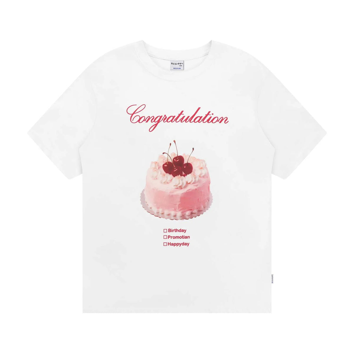 [RE-CON] Camiseta informal de manga corta con estampado de pastel de crema de cereza dulce y linda, versión coreana, 100% algodón