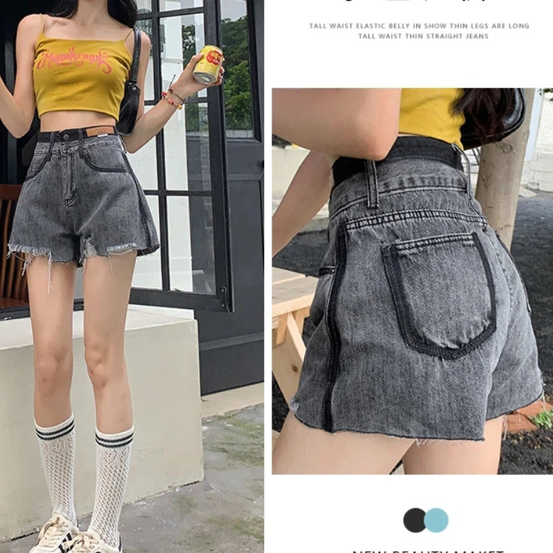 Pantalones cortos de mezclilla adelgazantes de cintura alta con bloques de color