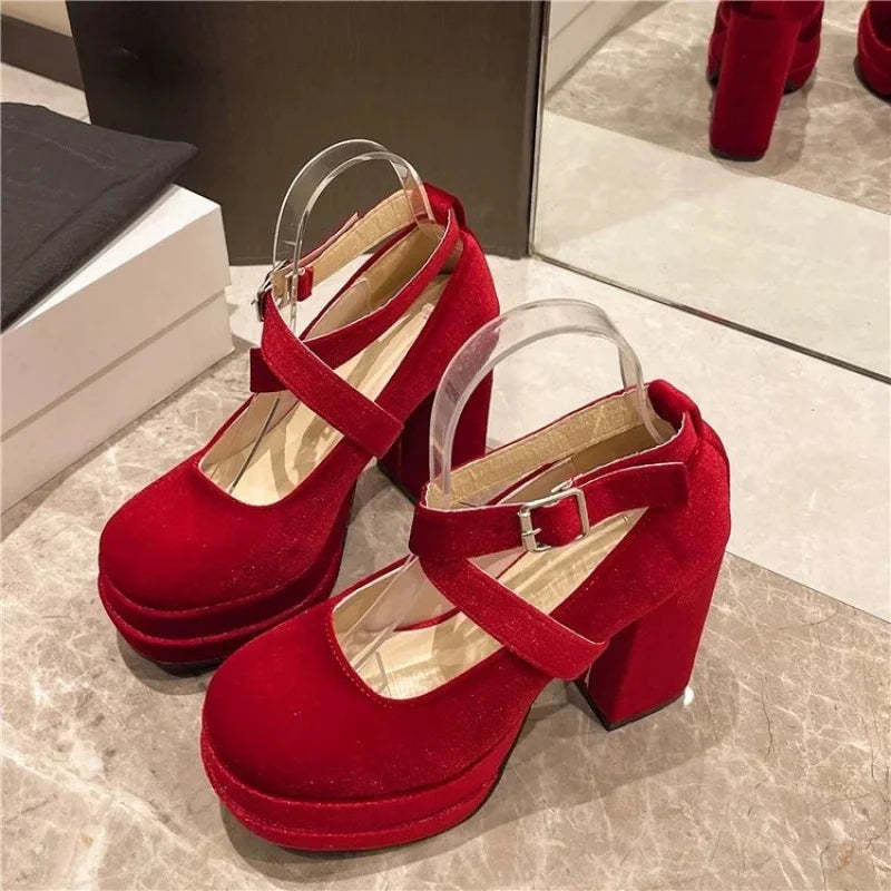 Mary Jane Suede Platform Round Toe High Heels