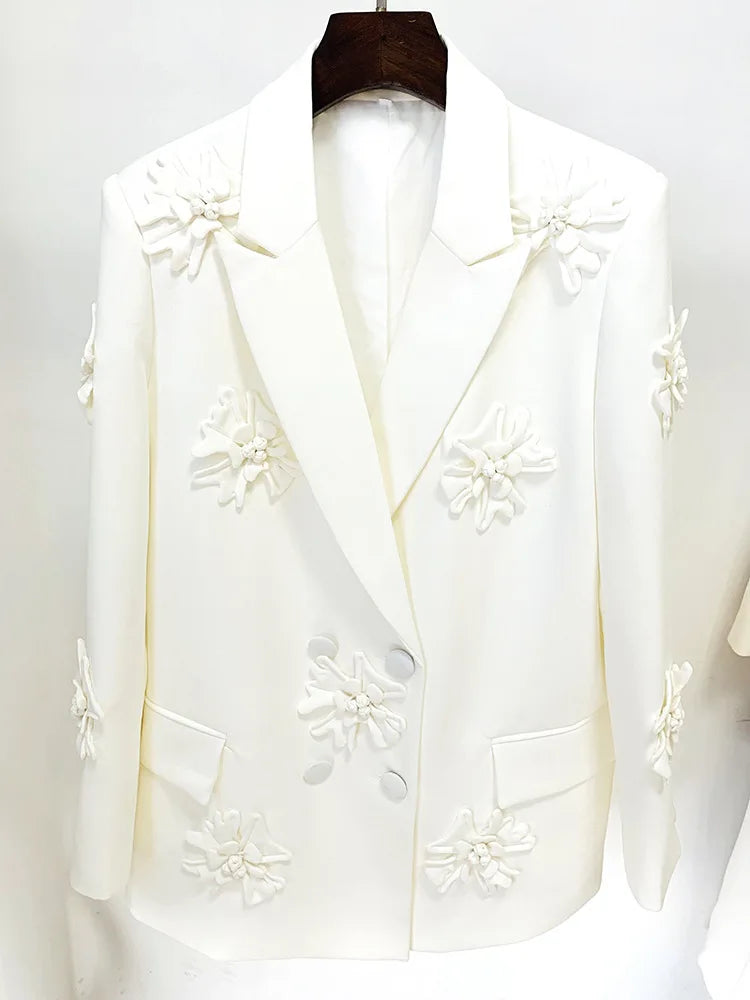 Stereoscopic Flowers Appliques Double Breasted Long Blazer