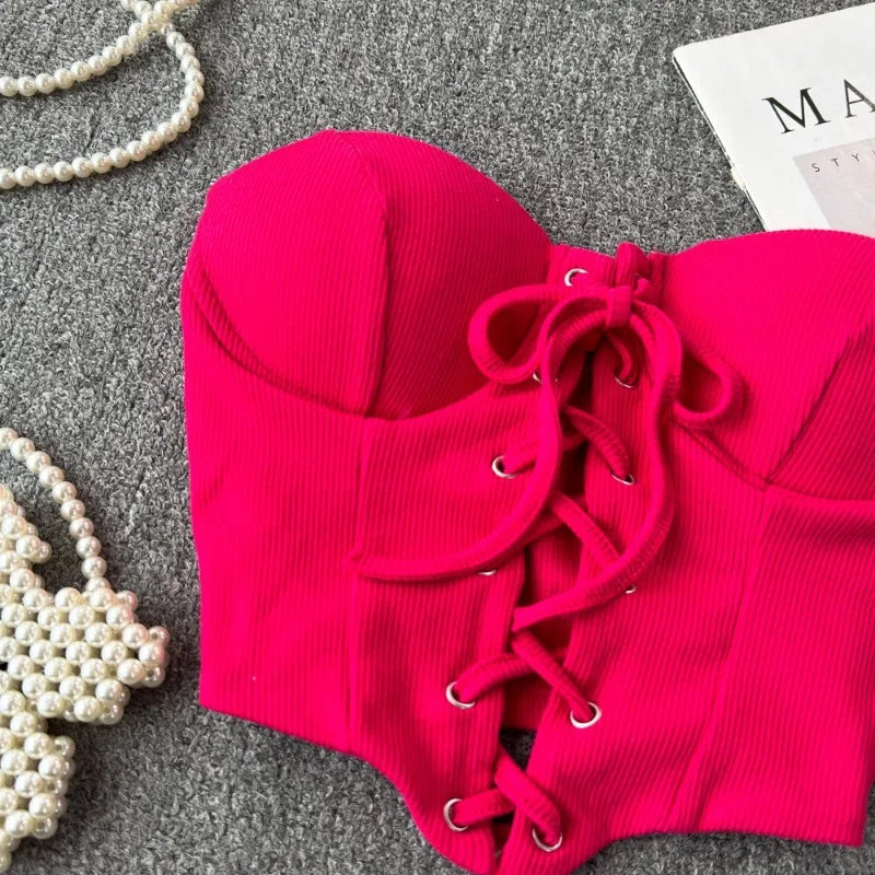 Tops sin espalda para mujer, nueva llegada, cuello tipo slash, sujetador incorporado, ombliguera, con cordones, camisola ajustada, verano, vintage, gallus, dropship