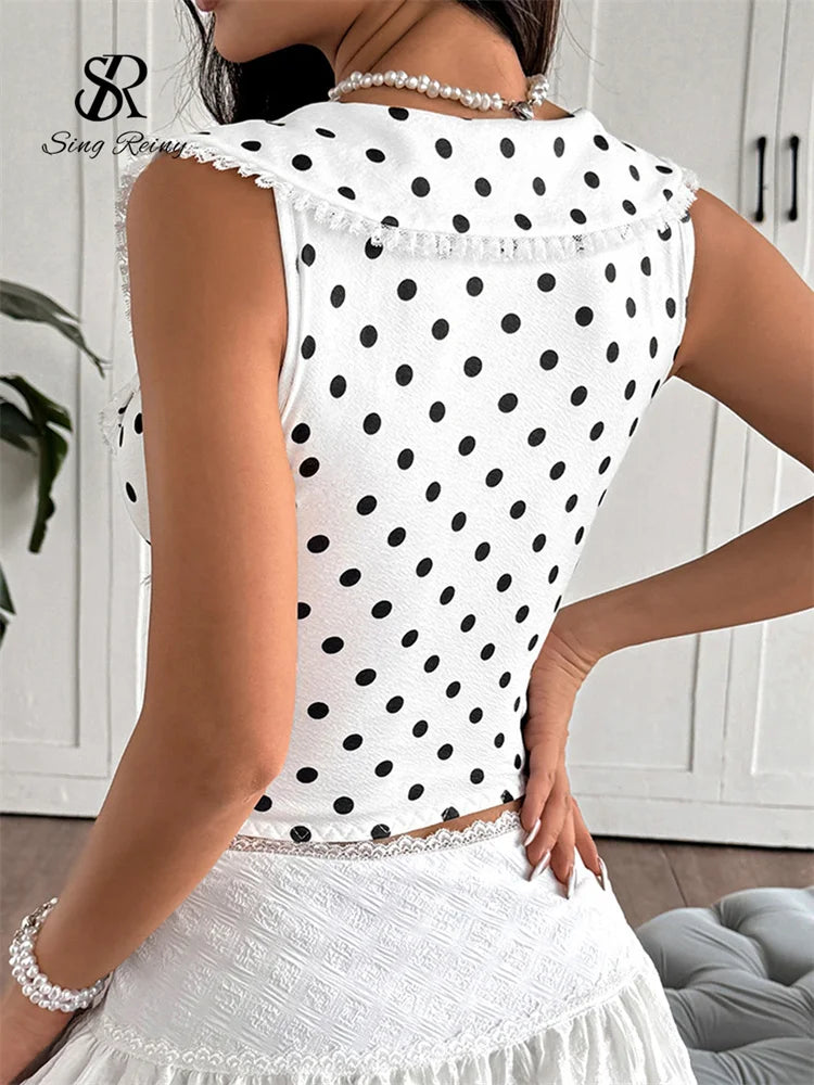 Polka Dot Bow Neckline Lace Trim Corset Top