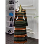 GLCMYAYA Vestido Largo Maxi de Mujer a Rayas de Manga Larga con Cuello en V 2025 Otoño Invierno Calle Casual Cumpleaños Fiesta Sexy Vestidos de Noche
