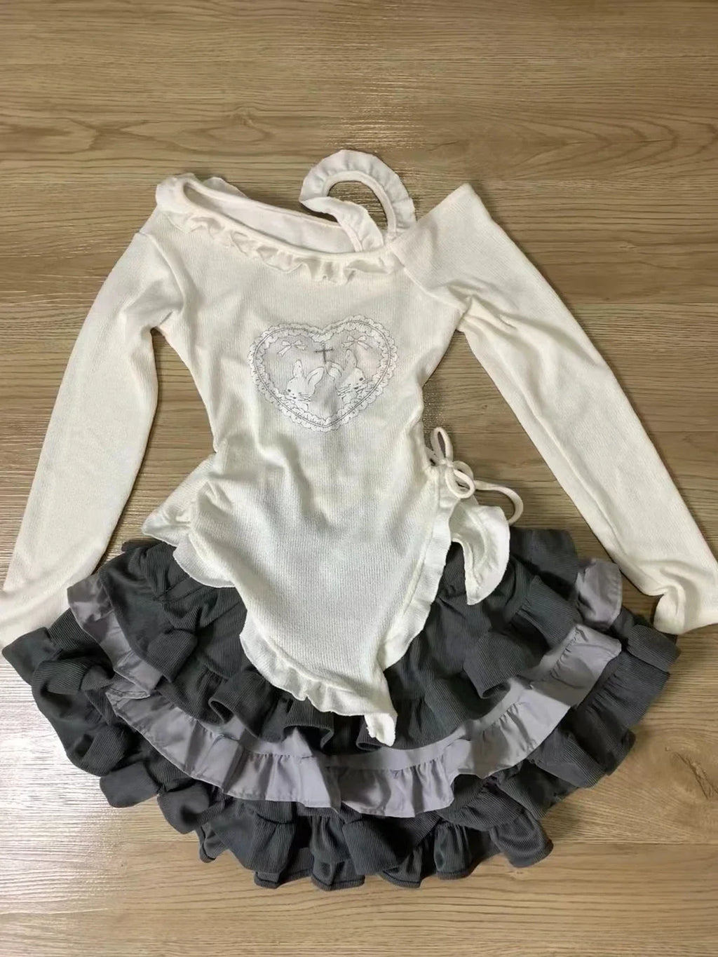 Bow Knitted Cardigan + Ruffles Plaid Mini Skirt Set