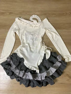 Bow Knitted Cardigan + Ruffles Plaid Mini Skirt Set