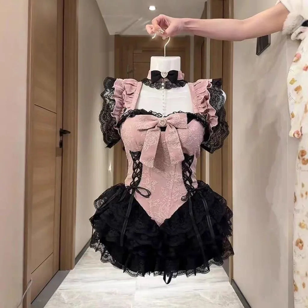 Embroidery Lace Splicing Waist Cinching Puffy Dress