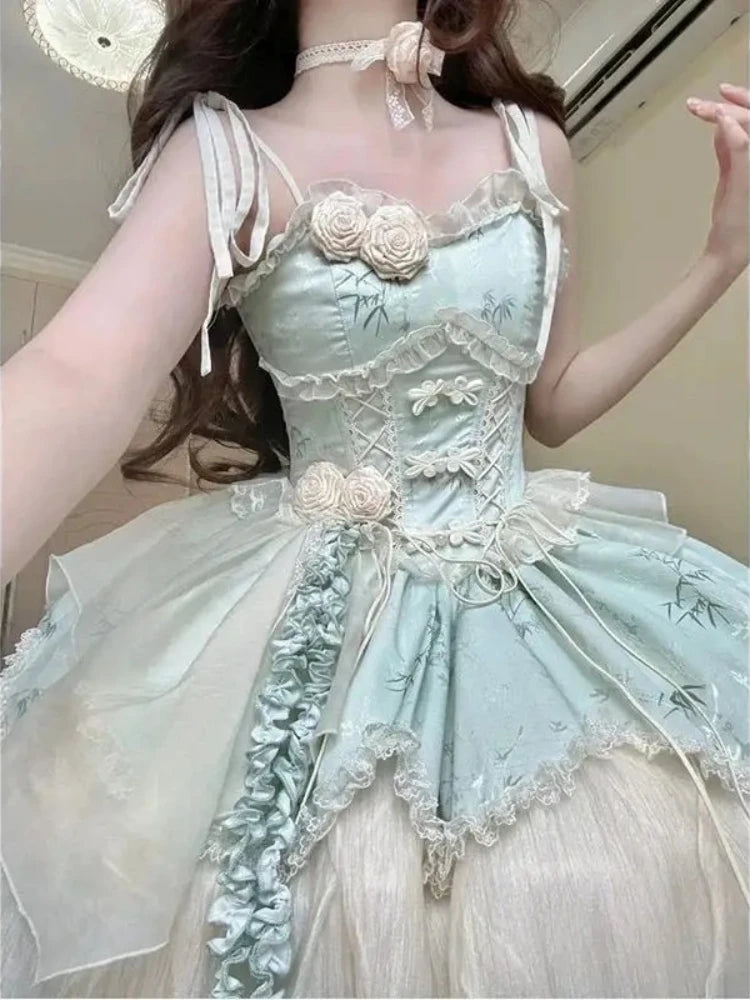 Vestido Lolita Elegante Dulce Estampado de Frutas Kawaii Vestido de Princesa de Manga Corta para Mujer Lindo Lazo Cuello Peter Pan Vestido de Fiesta para Chicas Atrevidas