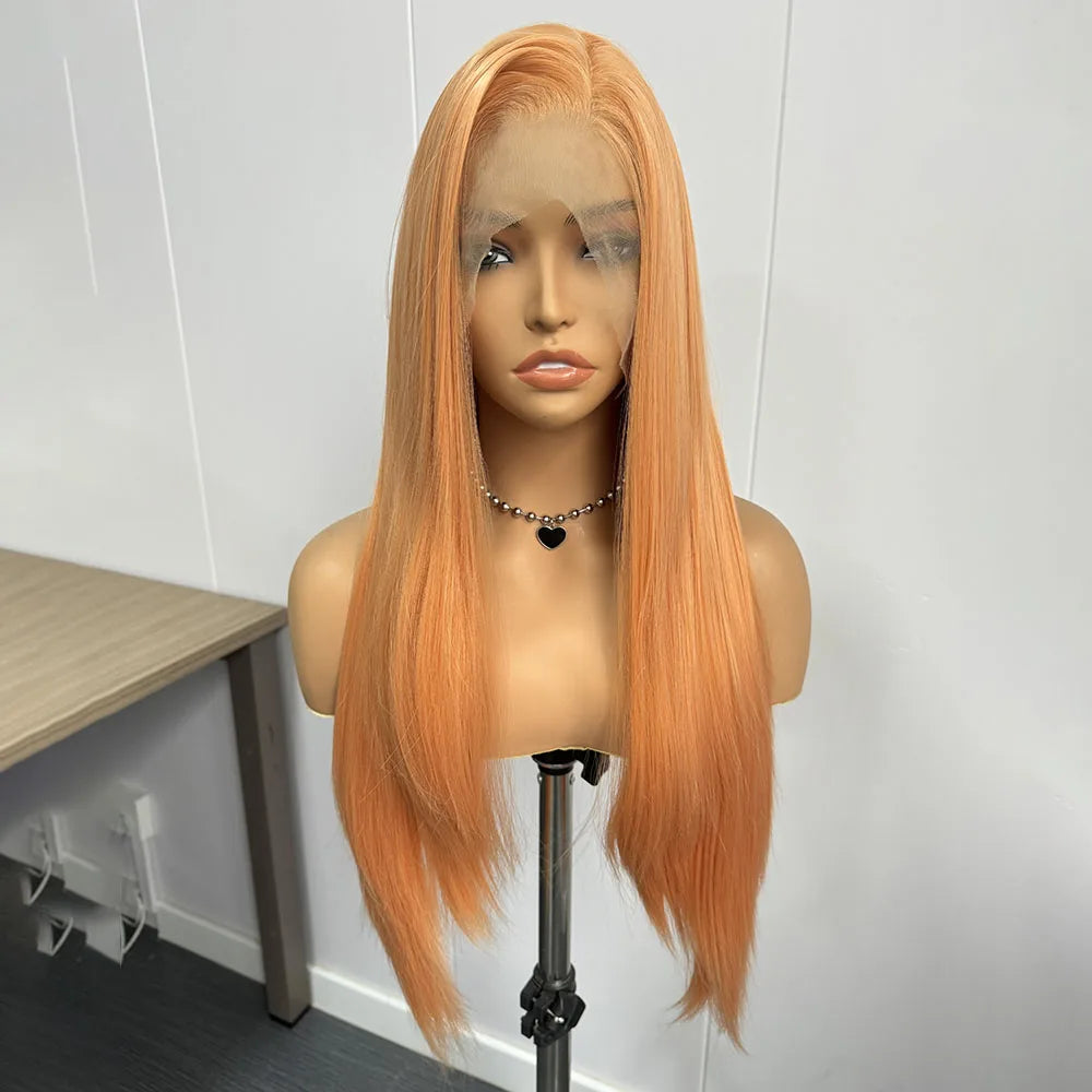 Light Orange Straight Wig Long Synthetic Lace Wigs for Women Silky Straight Wig Orange wig Natural Hairline Daily Use Cosplay