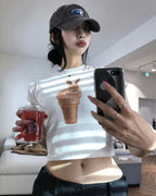 [REコンテナ]Camiseta coreana de moda Y2k Crop Top con lindos estampados de gatos, camiseta Kawaii de manga corta para mujer, camisetas ajustadas