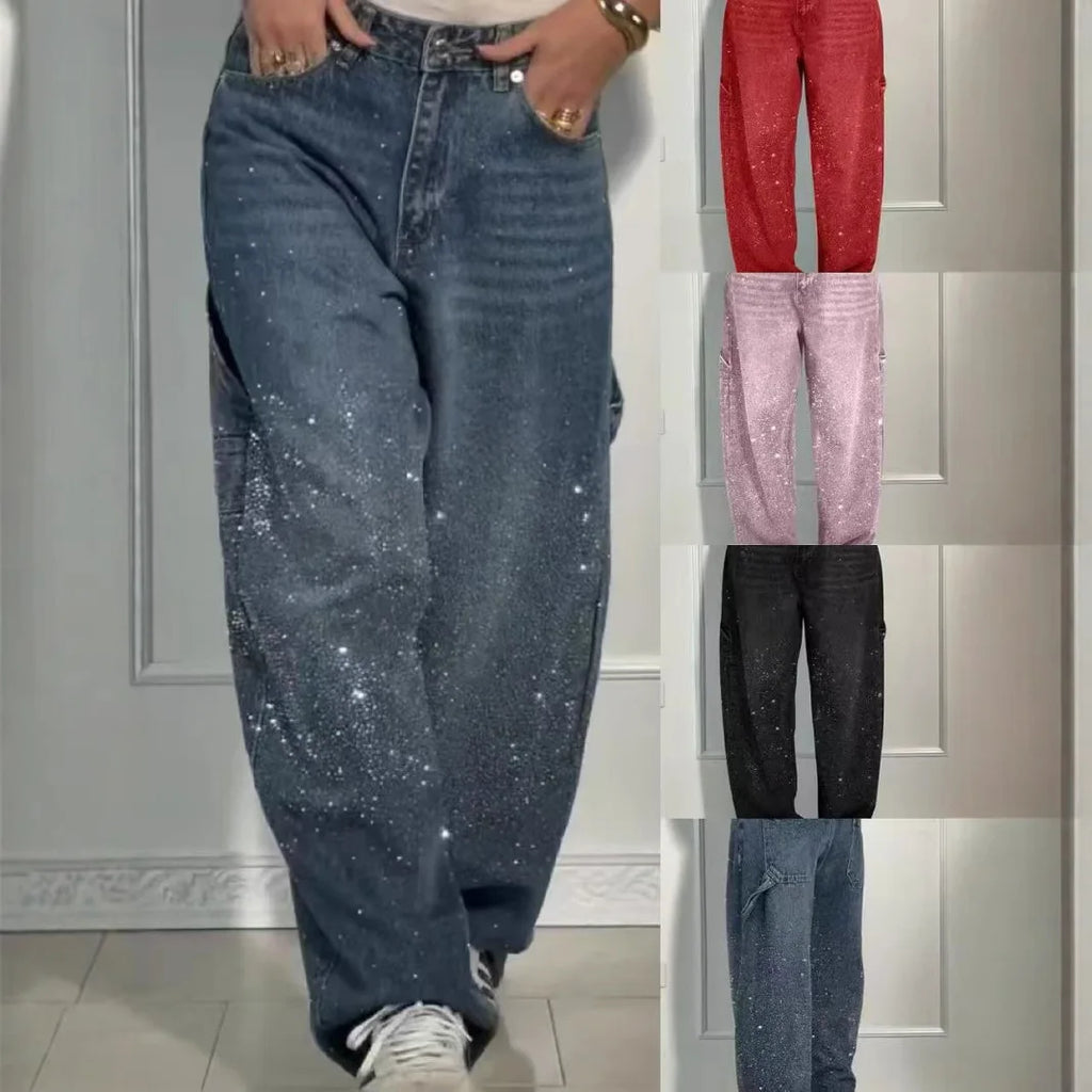 Pantalones vaqueros de mujer con estrellas bordadas y diamantes de imitación, estilo vintage informal de mezclilla con detalles brillantes