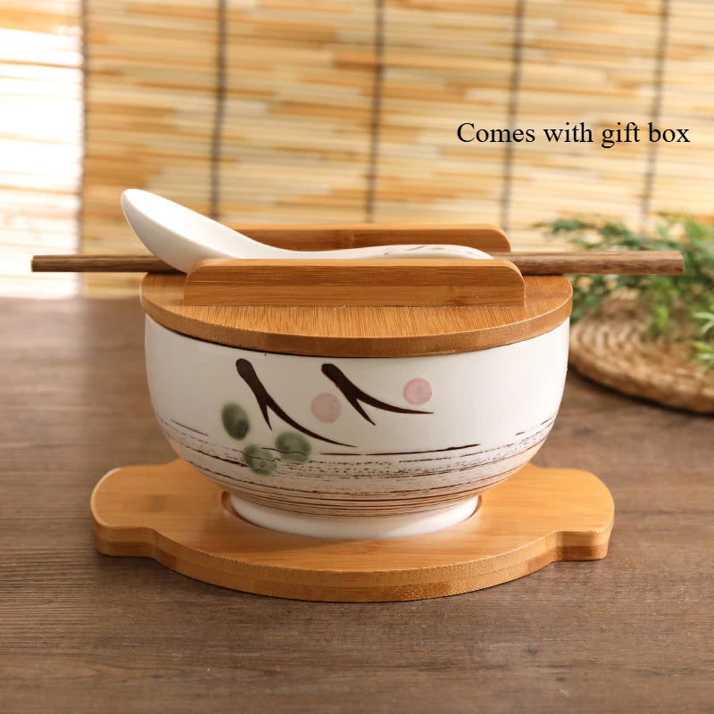 Ceramic Japanese Style Rice Noodle Bowl with Lid Spoon Chopstick