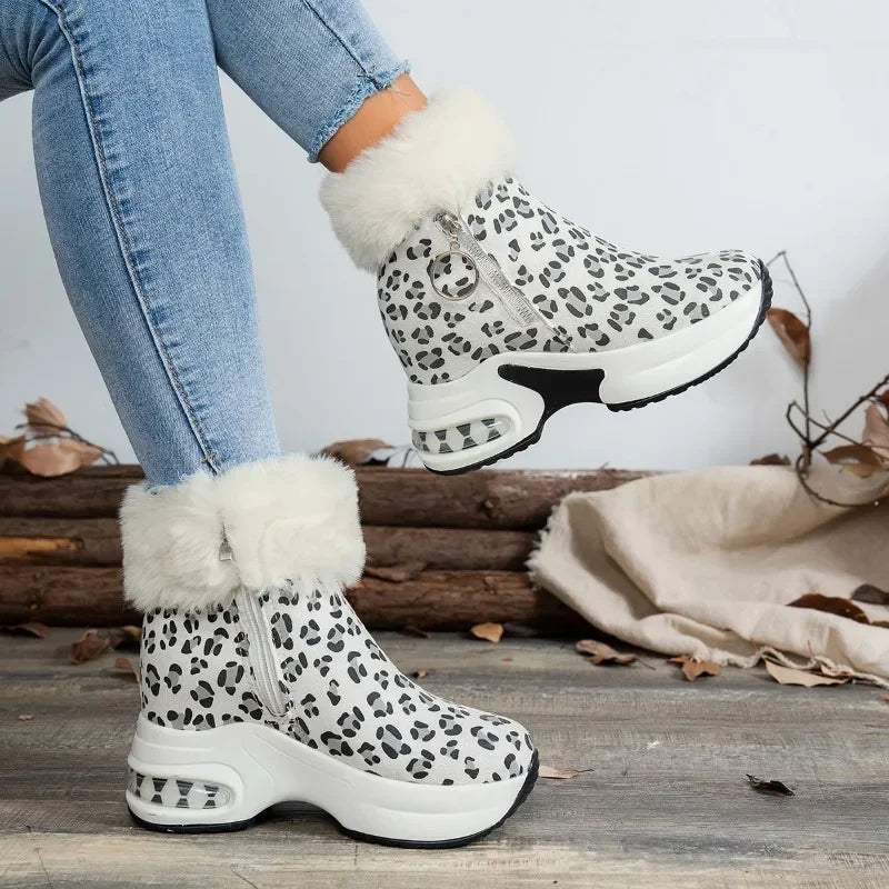 Thick-soled Leopard Print Frosted Zipper Cotton Boots
