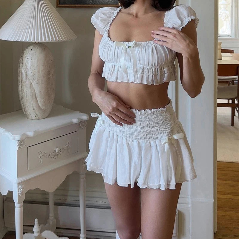 Bow Ruched Ruffle 2 Piece Set