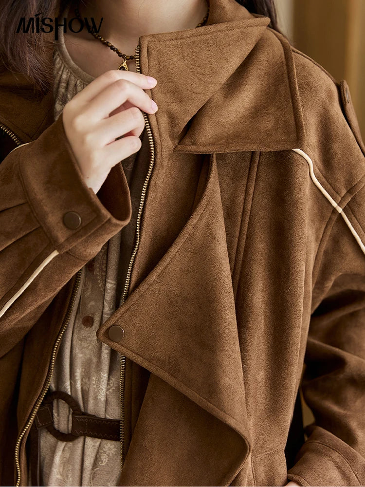 Split Turn Down Collar Suede Short Loose Coat