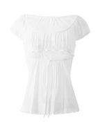 Lace Trim Cap Sleeve Low Cut Shirt