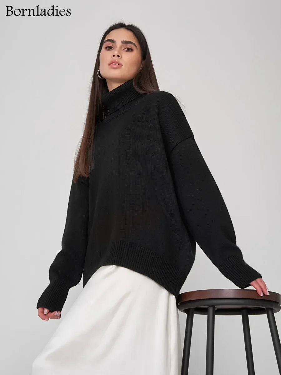 Bornladies Jersey de cuello alto para mujer CHIC Otoño Invierno Jersey grueso y cálido para mujer Jersey de punto holgado informal de gran tamaño para mujer
