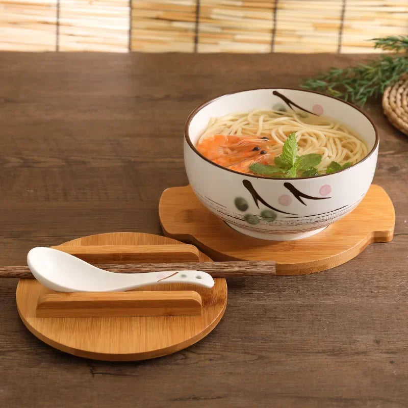 Ceramic Japanese Style Rice Noodle Bowl with Lid Spoon Chopstick