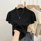 Jersey Básico de Cuello Alto Delgado Sólido Verano 2026 Pulóver Tejido de Manga Corta Ajustado para Mujer