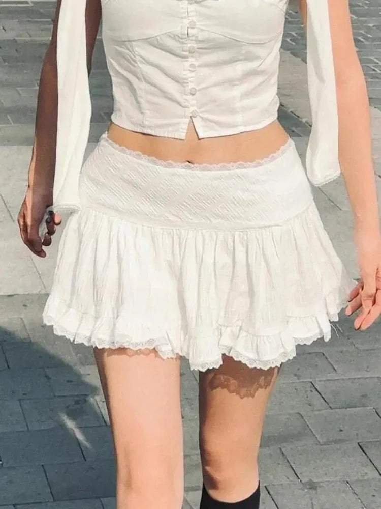 Zoki Faldas Blancas Dulces para Mujer Elegante Encaje Patchwork Cintura Alta Minifalda Sexy Falda Plisada Vintage Francesa Delgada para Baile Femenina