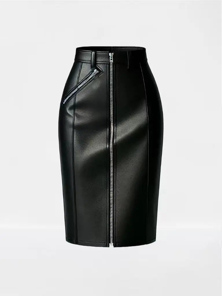 Black Faux Leather Zip Front Pencil Skirt