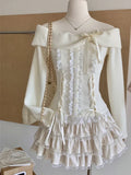 Conjunto de 2 piezas de invierno de punto japonés Kawaii Y2k para mujer, falda elegante de encaje, retro, traje de falda chic, tops + minifalda de pastel 2025