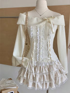 Conjunto de 2 piezas de invierno de punto japonés Kawaii Y2k para mujer, falda elegante de encaje, retro, traje de falda chic, tops + minifalda de pastel 2025