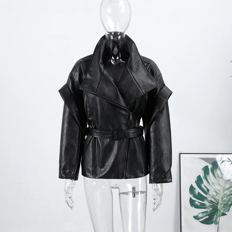 Chaqueta de cuero tipo parka marrón a la moda para mujer, cuello alto oversize, cordón ajustable, cremallera, abrigo de otoño 2026, ropa de calle vanguardista para mujer