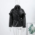 Chaqueta de cuero tipo parka marrón a la moda para mujer, cuello alto oversize, cordón ajustable, cremallera, abrigo de otoño 2026, ropa de calle vanguardista para mujer