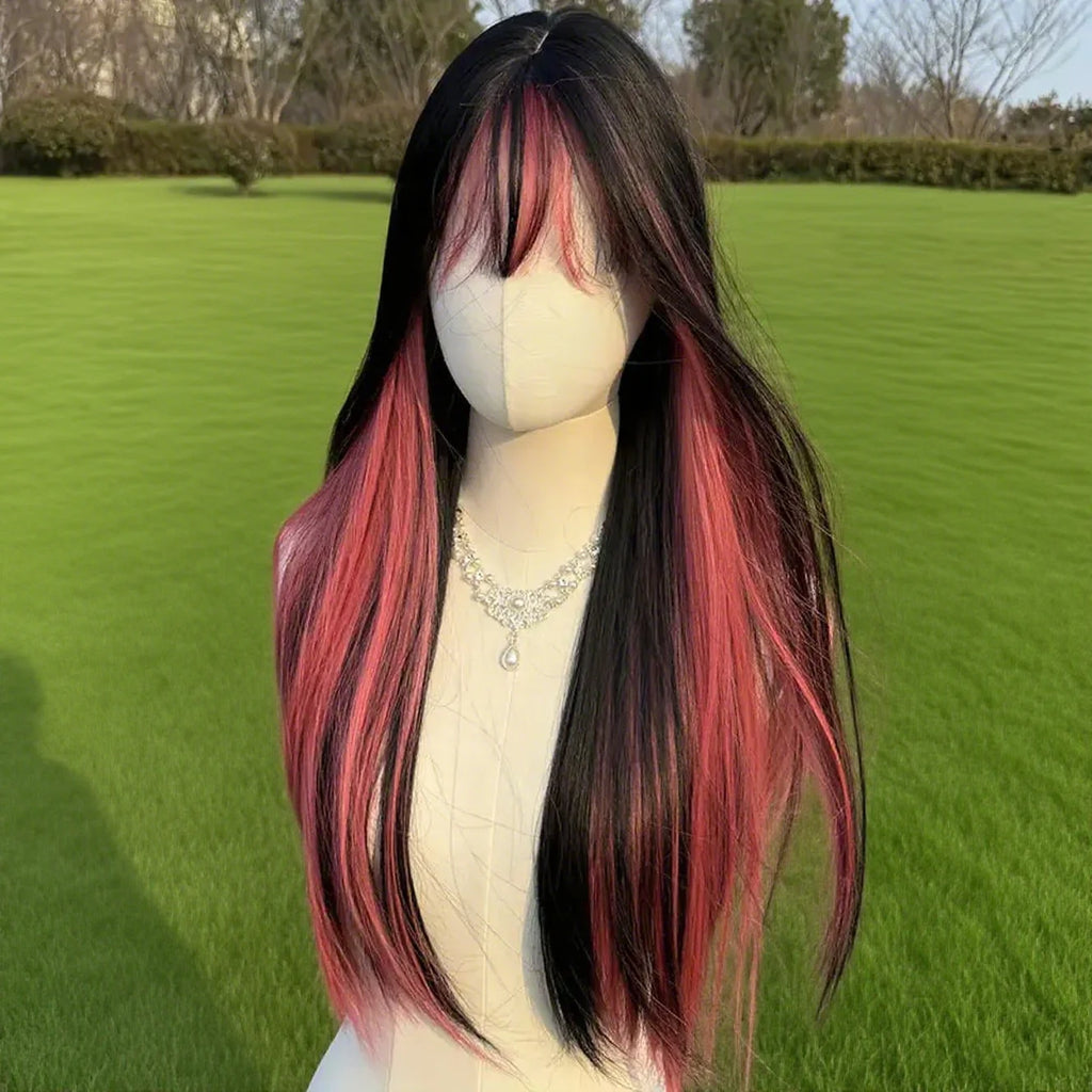 Black And Pink Highlight Synthetic Wigs